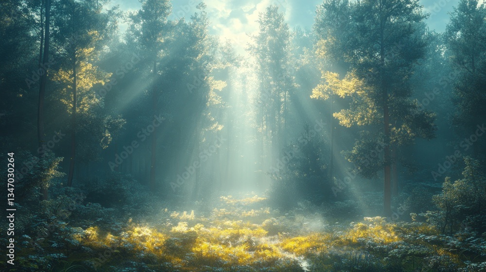 Fototapeta premium Sunbeams illuminate a mystical forest path through misty pines and wildflowers.