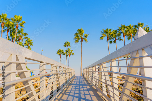 Vibrant Long Beach Pier with Palm Trees Against Clear Blue Sky
