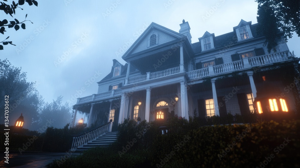 Naklejka premium Foggy Mansion Exterior Twilight