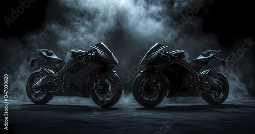 Wallpaper Mural Dark Motorcycle Duo: Captivating image of two sleek, black motorcycles side-by-side amidst a mysterious atmosphere with dramatic lighting. Torontodigital.ca