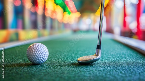 Mini golf putter poised near ball, arcade background