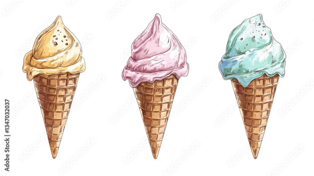 Three ice cream cones display vibrant swirls of yellow, pink, and blue flavors. Each cone has a crunchy waffle texture, perfect for a warm day treat. Ideal for summer enjoyment Three ice cream cones display vibrant swirls of yellow, pink, and blue flavors. Each cone has a crunchy waffle texture, perfect for a warm day treat. Ideal for summer enjoyment