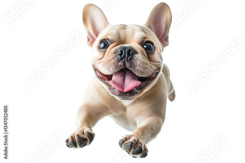 A happy French bulldog leaps joyfully, displaying an enthusiastic expression. Its ears perk up, and its tongue hangs out, radiating playful energy and delight