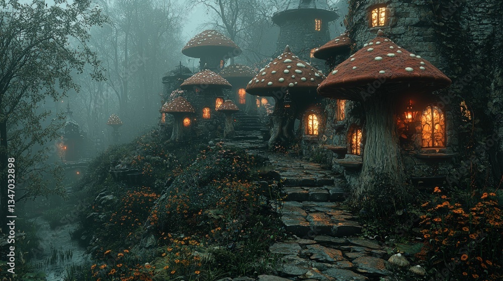 Obraz premium Enchanting mushroom village nestled in misty forest