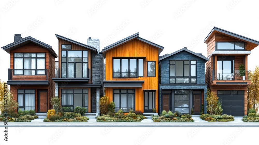 Row of modern, colorful houses on a tree-lined street. Row of modern, colorful houses on a tree-lined street.