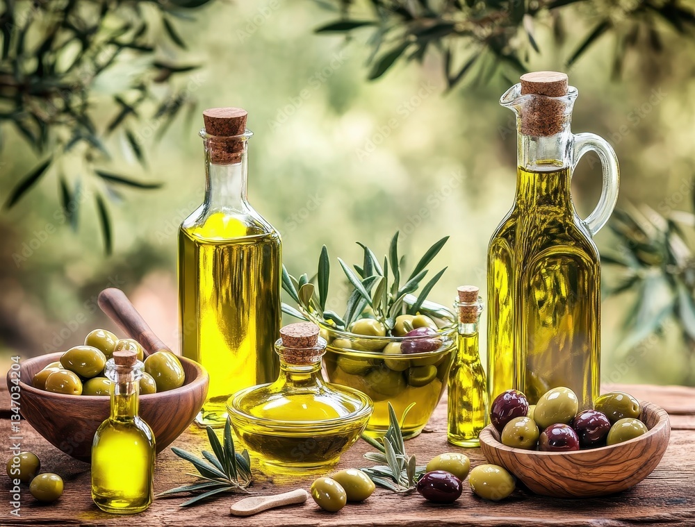 Fresh Olive Oil and Green Olives in Rustic Arrangement on Wooden Table Surrounded by Olive Branches and Soft Green Background Fresh Olive Oil and Green Olives in Rustic Arrangement on Wooden Table Surrounded by Olive Branches and Soft Green Background