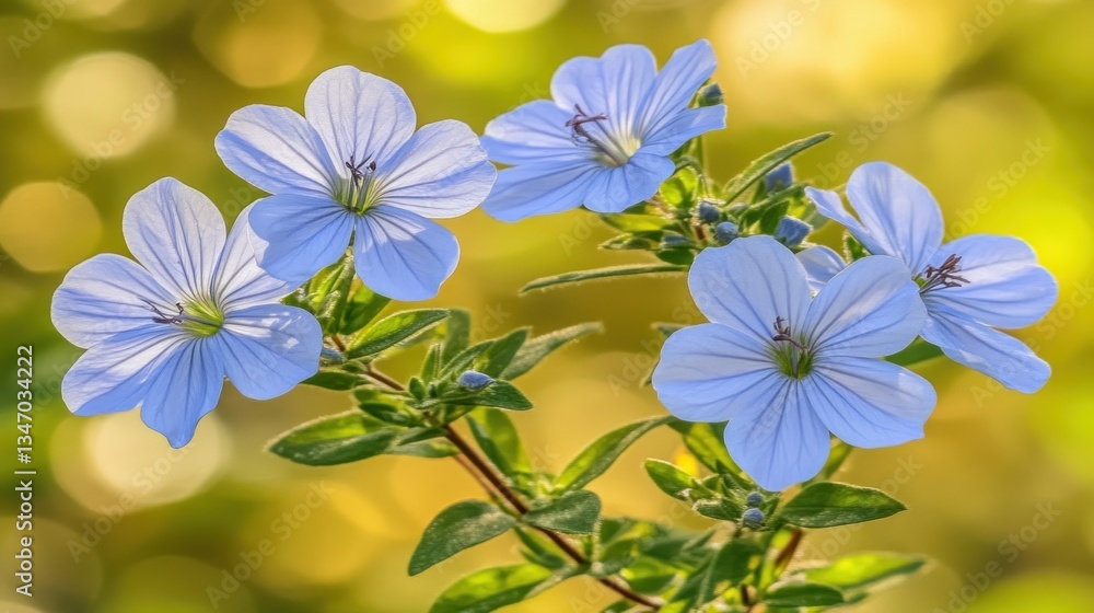 Close-up of delicate light blue flowers with blurred yellow-green background. Close-up of delicate light blue flowers with blurred yellow-green background.