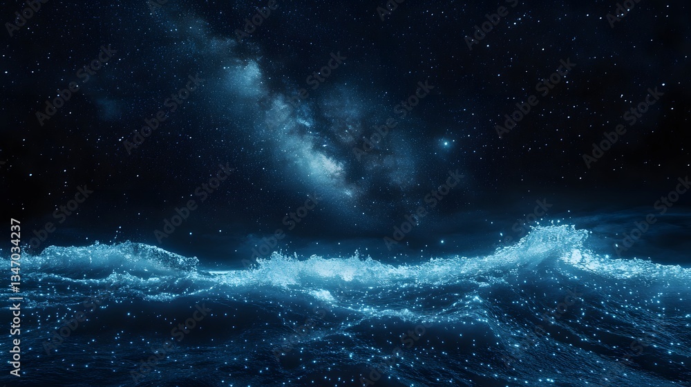 Obraz premium Dark sand beach illuminated by glowing bioluminescent waves under a bright Milky Way