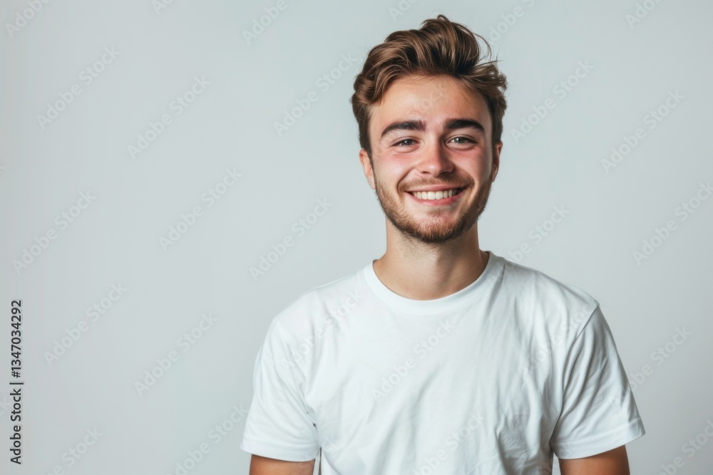 Portrait of a handsome young man in white t shirt smiling while standing against white background Portrait of a handsome young man in white t shirt smiling while standing against white background