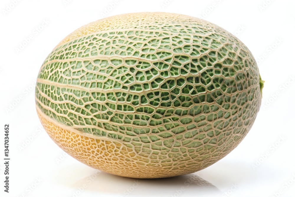 A perfectly ripe cantaloupe, its skin a tapestry of green and gold, promising juicy sweetness and refreshing summer flavor against a bright white background. A perfectly ripe cantaloupe, its skin a tapestry of green and gold, promising juicy sweetness and refreshing summer flavor against a bright white background.