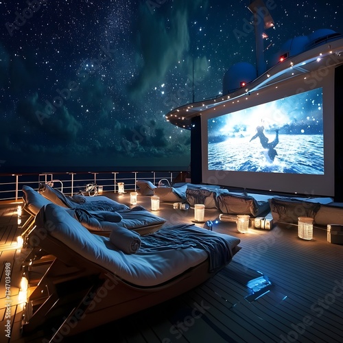Luxurious outdoor cinema on a yacht at night, featuring a serene ocean view and starry sky