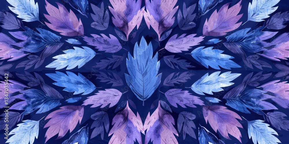 Abstract floral pattern in blue and purple tones with symmetrical leaf designs Abstract floral pattern in blue and purple tones with symmetrical leaf designs