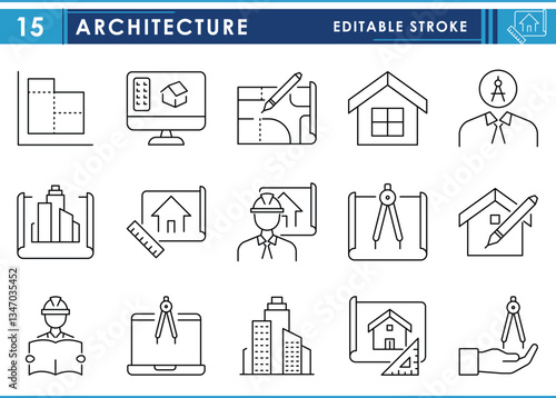 A set of line icons related to Architecture. Engineering, architect, design, blueprint, computer, interior, and so on. Vector editable stroke.
