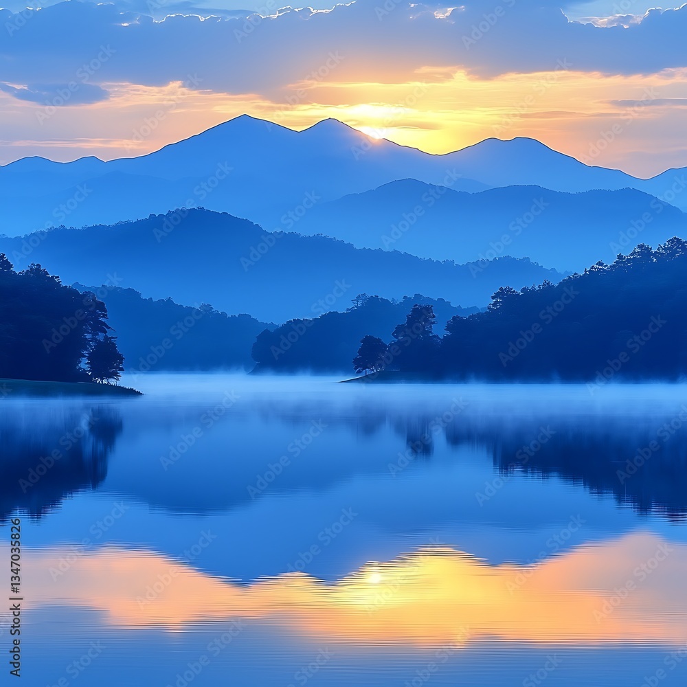Obraz premium Sunrise Mist over Mountain Lake (1)