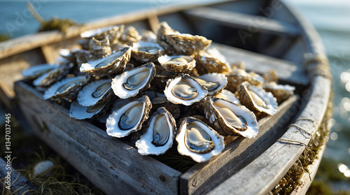 Freshly harvested oysters displayed on a wooden boat near the shoreline during a sunny afternoon