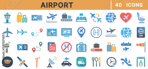 Airport Color Icons Set – Flights, Air Travel, Boarding, Security, Passport, Baggage, Departure, Arrival, Airplane, Terminal, Navigation, Aviation, Transportation