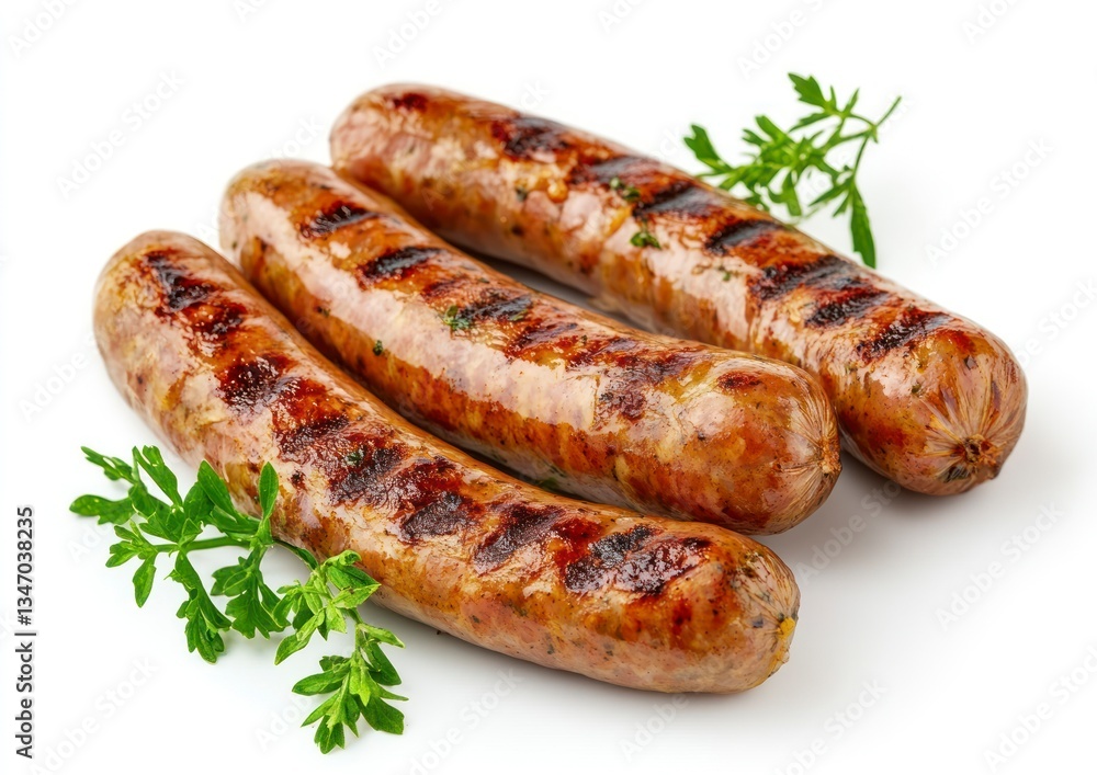Grilled Sausages with Parsley Isolated on White Background Delicious Food Grilled Sausages with Parsley Isolated on White Background Delicious Food