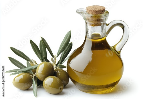 Fresh Olive Oil in Elegant Glass Bottle with Olive Branch and Green Olives on White Background, Perfect for Cooking and Healthy Lifestyle Themes