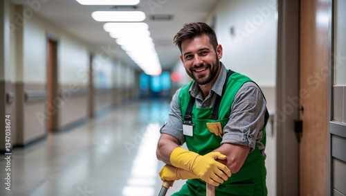 A warmly smiling janitor with a few days' worth of stubble, wears a green uniform, paired with worn yellow rubber gloves