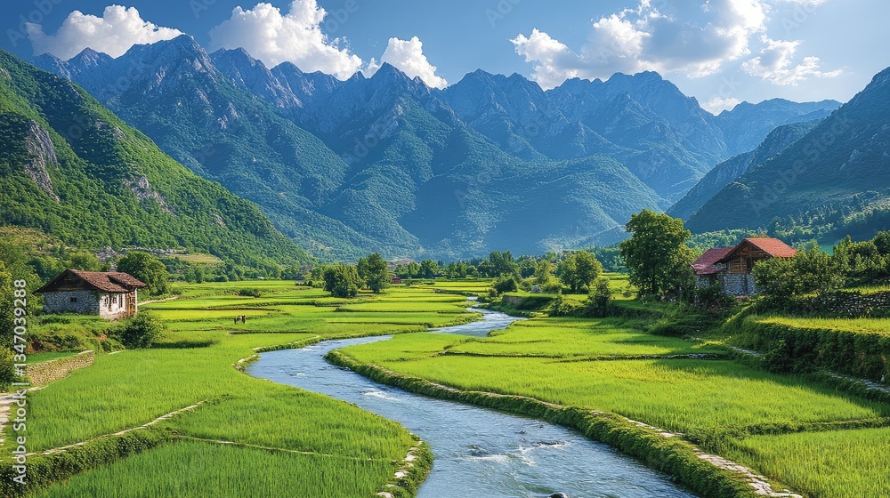 Fototapeta premium River valley, mountain landscape, rural homes, rice paddies, travel poster