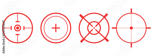 Set of Target Crosshair, gun sight vector icons. Bullseye, red target or aim symbol. Shooting mark sign. Archery, hunting and sports shooting. Game UI element. Isolated on white background.