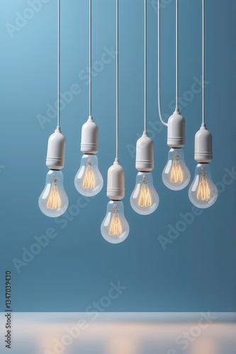 Multiple glowing light bulbs hanging against a blue background.

