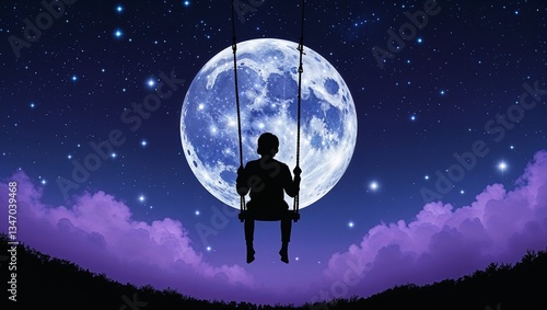 Silhouette of Child on Swing Under Full Moon and Starry Sky
