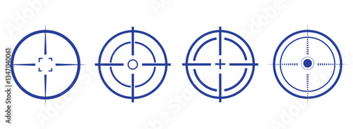 blue gun sight vector icons. Bullseye, black target or aim symbol. Military rifle scope, shooting mark sign. Targeting, aiming for a shot. Archery, hunting and sports shooting. Game UI element.
