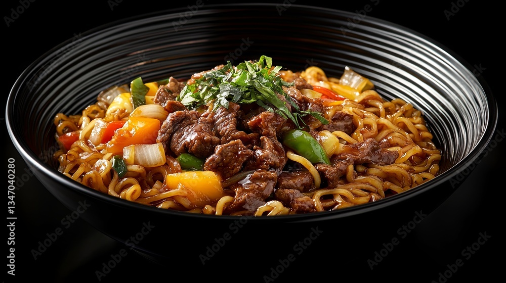 Stir fry noodles with vegetables and beef in black bowl Stir fry noodles with vegetables and beef in black bowl