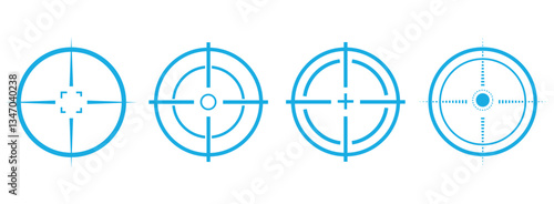 Crosshair, blue gun sight vector icons. Bullseye, red target or aim symbol. Military rifle scope, shooting mark sign. Targeting, aiming for a shot. 