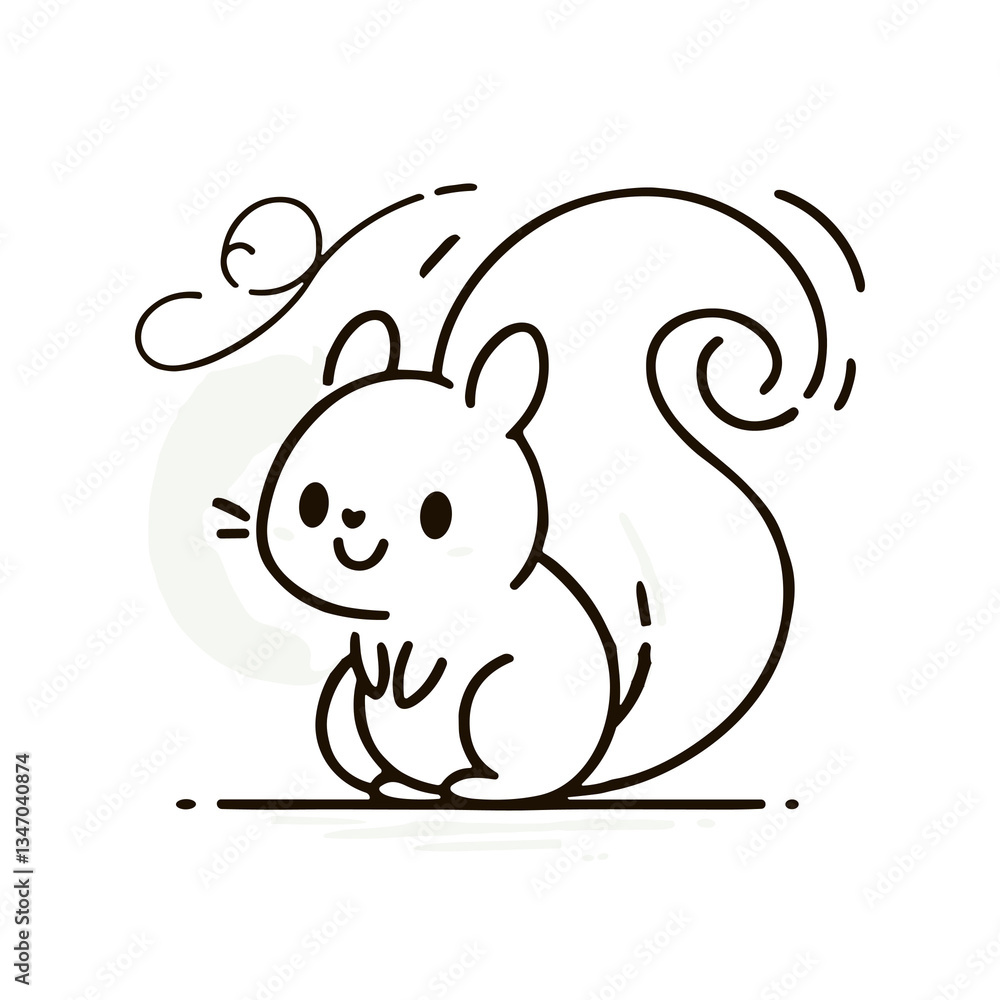 Fototapeta premium Cartoon Squirrel, Line Art Style, Black and White, Cheerful Rodent Illustration