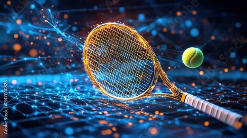 Tennis racket hitting a ball, digital network background