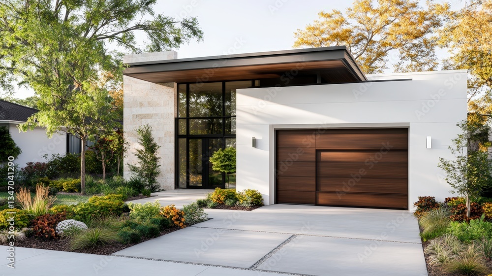 Photorealistic rende of modern Miami-style home featu sleek white exterior dark wood garage door and large glass in stunning clarity and detail Photorealistic rende of modern Miami-style home featu sleek white exterior dark wood garage door and large glass in stunning clarity and detail