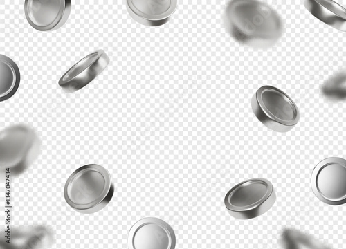 Silver coins falling on transparent background. 3d silver money isolated flying blur effect. Metal money cash poster, Wealth casino gambling symbol, income realistic banner