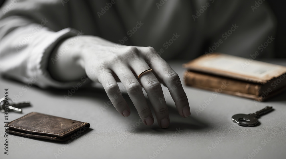 Fototapeta premium Hand reaching for keys and wallet on a table with vintage books in a softly lit indoor setting
