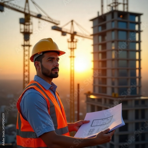 Construction site manager reviewing blueprints during sunset with cranes in the background