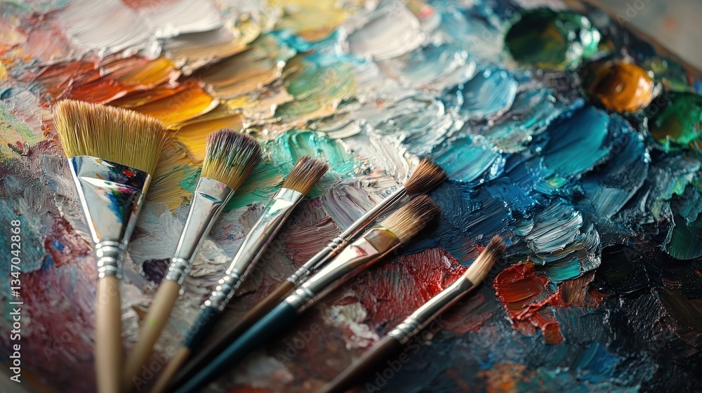 Several paint brushes resting on an artistic palette with color Several paint brushes resting on an artistic palette with color