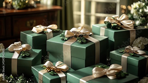 Green gift boxes beautifully decorated with ribbon bows and embellishments