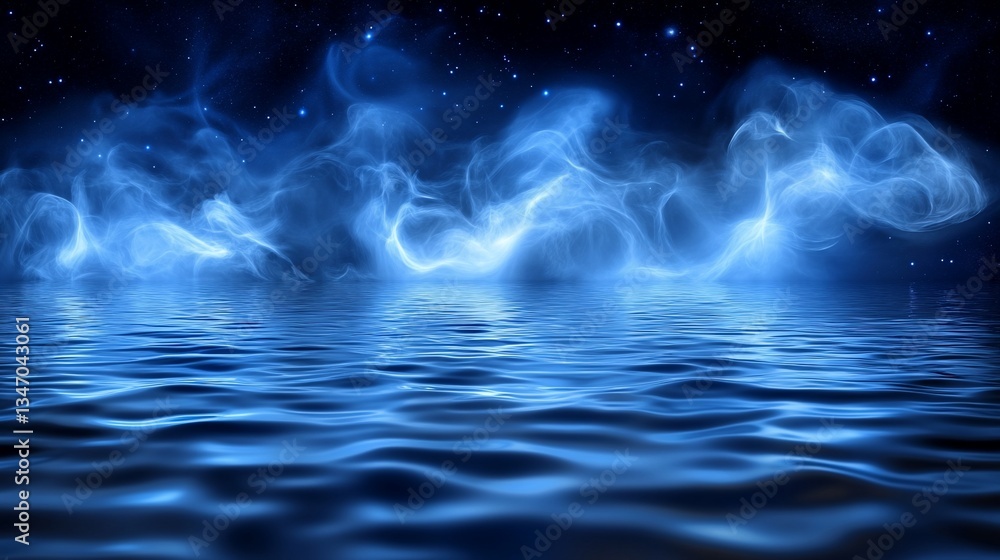 Luminous blue smoke reflecting in water under a starry night sky Luminous blue smoke reflecting in water under a starry night sky