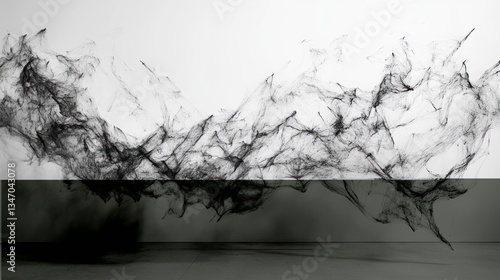 Abstract black particles in motion against a white wall