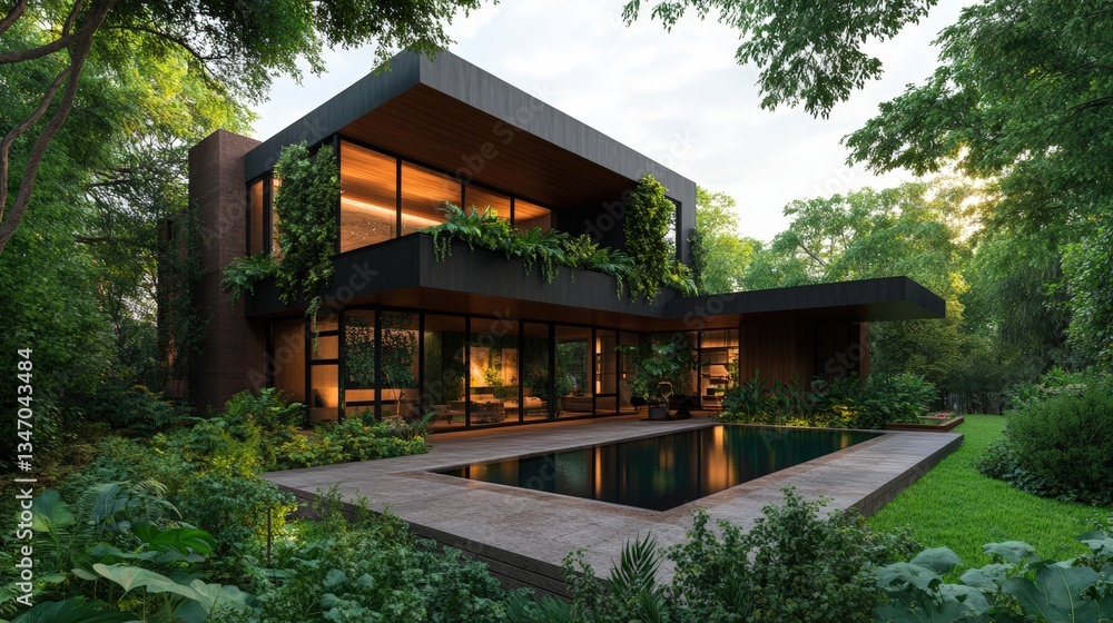 Modern two-story villa design with dark exterior, expansive , rooftop garden, and surrounded by lush greenery for contemporary living in nature Modern two-story villa design with dark exterior, expansive , rooftop garden, and surrounded by lush greenery for contemporary living in nature