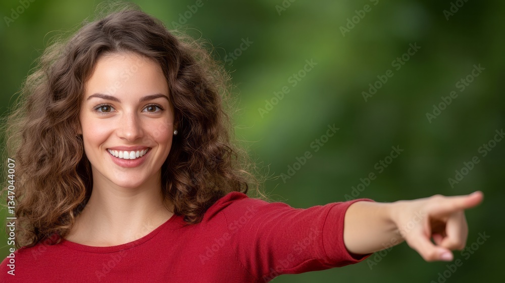 Smiling woman with curly hair points towards the right side Smiling woman with curly hair points towards the right side