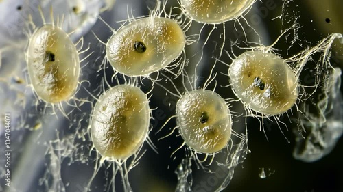 Microbial organisms with hair-like structures observed under high magnification in a scientific setting