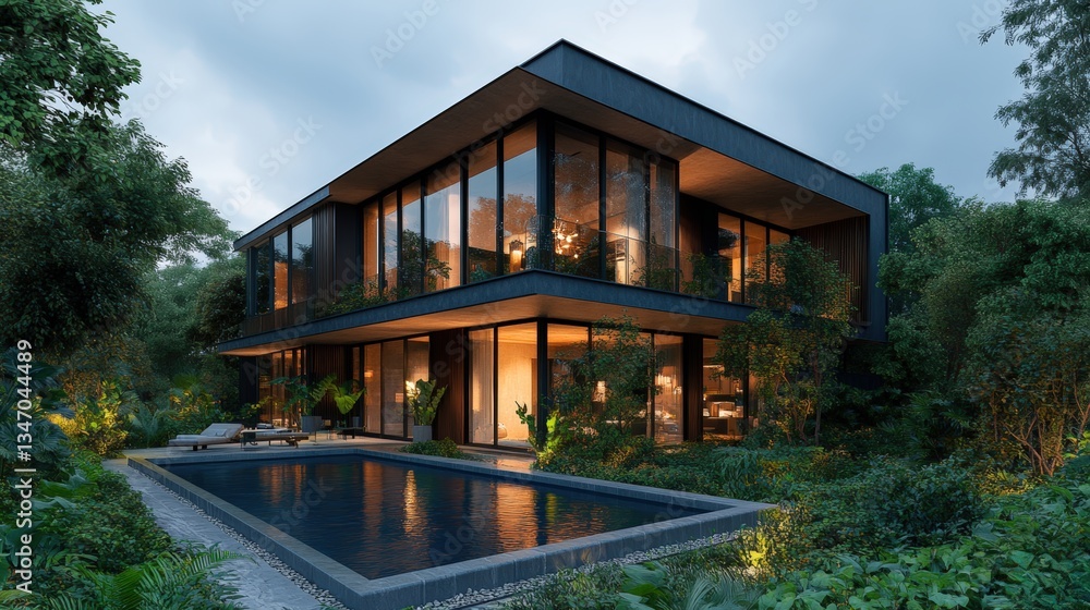Luxurious modern villa with infinity pool at dusk surrounded by lush tropical landscape in stunning 4-giixel photorealistic detail and beauty Luxurious modern villa with infinity pool at dusk surrounded by lush tropical landscape in stunning 4-giixel photorealistic detail and beauty