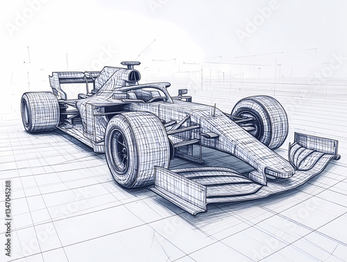 Blueprint of Speed: An architectural sketch of a Formula 1 racing car, captured in precise, detailed linework against a grid backdrop, emphasizing form and design.