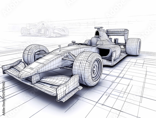 Blueprint of Speed: A sleek Formula 1 race car, rendered in detailed blueprint style, showcasing its intricate design and aerodynamic features.