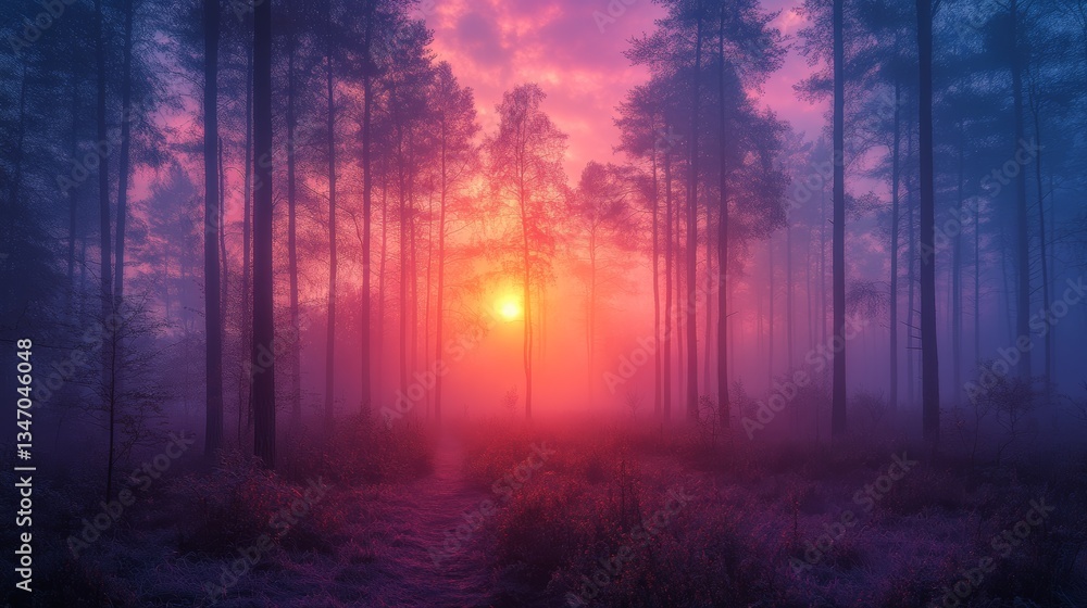 Fototapeta premium forest in dawn with a sky that is going from purple to blue