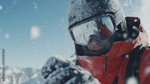Close-up of a snow-covered snowboarder in reflective goggles, facing the winter elements with determination, as snowflakes dance in the frosty alpine air.