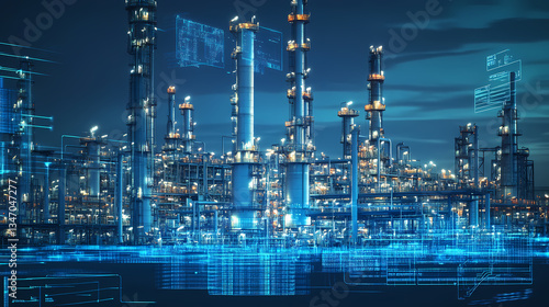 Wallpaper Mural Digital Refinery: A high-tech depiction of an industrial refinery, bathed in a cool blue glow, showcases intricate systems and the seamless integration of technology and infrastructure. Torontodigital.ca