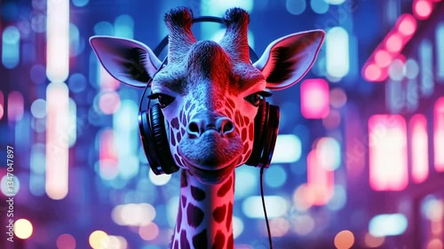 Giraffe wearing headphones amidst vibrant neon cityscape